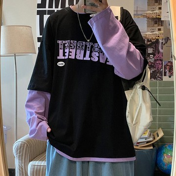 純棉假兩件長袖t恤男春秋季潮牌ins港風圓領打底衫寬松百搭上衣服