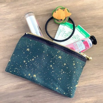 【海松藍星空】榻榻米布邊 扁平迷你小包 零錢包 卡片夾 星星 STAR 宇宙 天空 深綠 金色