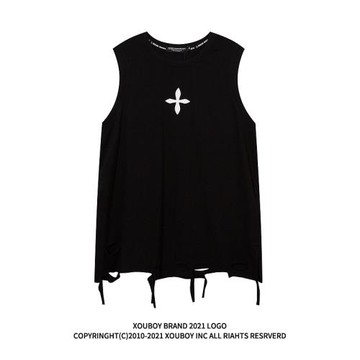 夏季潮牌暗黑風純色oversize坎肩背心男潮流嘻哈破洞下擺無袖T恤