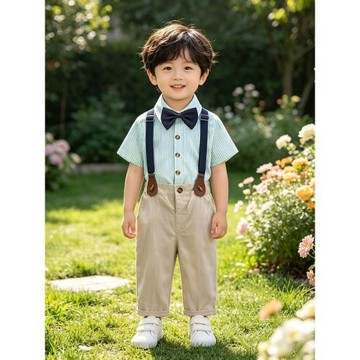 男童周歲小西裝短袖條紋套裝花童禮服兒童演出服小學生六一表演服