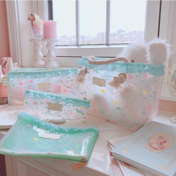 桃蜜糖原創設計清新海洋星星小魚果凍透明度假化妝包收納袋防水