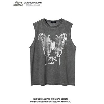 美式復古蝴蝶水墨印花背心T恤男女潮牌寬松bf情侶裝無袖坎肩上衣