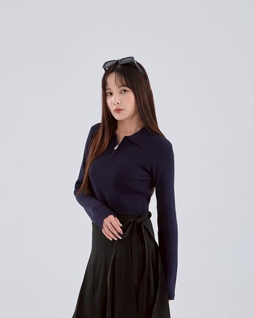 半門襟合身剪裁針織上衣-深藍 S/M