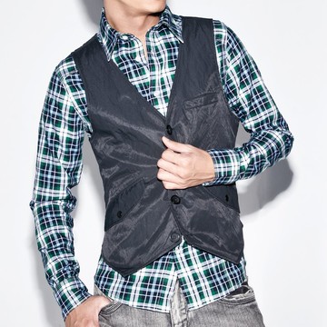 貼布繡標 綠色 藍色 格子 長袖襯衫