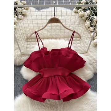 度假風吊帶上衣女裝歐美ins穿搭小眾壓褶洋氣荷葉邊收腰辣妹小衫