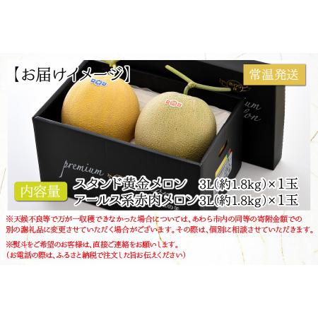 ふるさと納税 高級メロン 2色セット 特許庁 商標登録品 スタンド黄金メロン ＆ アールス系赤肉メロン 各3L×2玉（約1.8kg.. 福井県あわら市