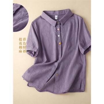 彩色紐扣棉麻寬松上衣短袖襯衫