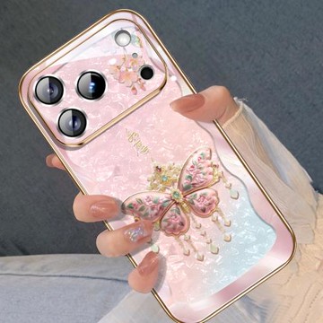 輕奢如愿蝴蝶適用于蘋果17promax手機殼新款iPhone17Air高級感鏡頭全包防摔16pro網紅大視窗電鍍玻璃潮牌女神