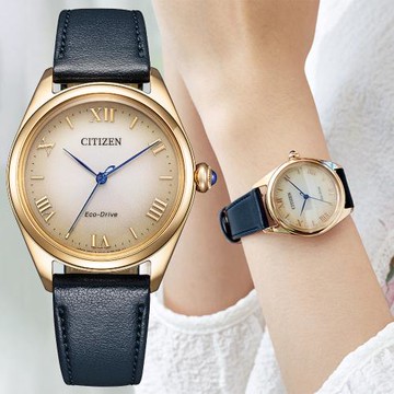 CITIZEN 星辰 L系列 光動能典雅羅馬時尚腕錶/玫瑰金X深藍/33mm/EM1143-14Z