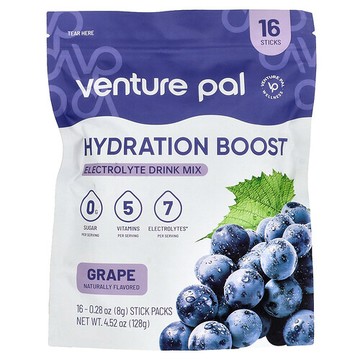 Venture Pal, 補水，電解質混合飲品，葡萄味，16 條，每條 0.32 盎司（9 克）