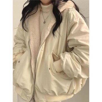 2023冬季新款兩面穿棉服飛行員夾克寬松連帽加絨加厚外套女棉衣女