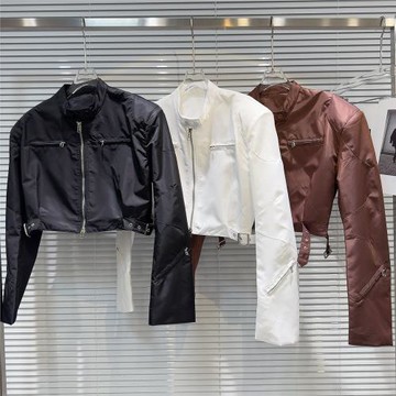 網紅同款2025春季新款暗黑辣妹拉鏈綁帶設計立領機車短外套夾克潮