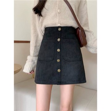 2025春秋新款鹿皮絨半身裙女高腰顯瘦包臀短裙設計感百搭A字裙