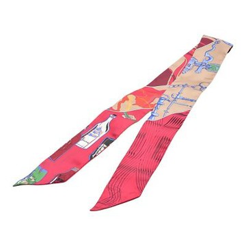 HERMES 經典Caleche Mors et Bouteilles系列馬車瓶中信圖騰Twilly絲巾領結(桃紅色)