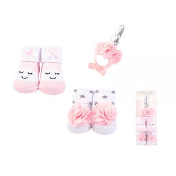 美國 Luvable Friends - 甜蜜寶貝嬰兒襪/寶寶襪/初生襪 +生日帽禮盒組(共三入)-銀星星 (0-9M)