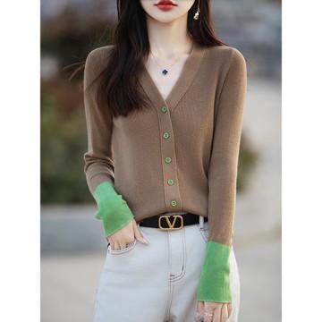 法國尾單撿漏女裝奢侈品牌折扣原單撤柜早春撞色拼接羊毛針織開衫