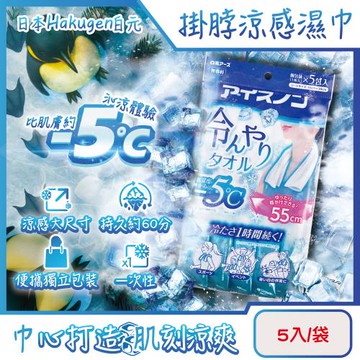 日本Hakugen白元-約-5°C戶外消暑清爽拋棄式大尺寸掛脖用涼感濕巾5入/藍袋(55X30cm,脖圍冷領巾便攜隨身包,一次性運動巾)