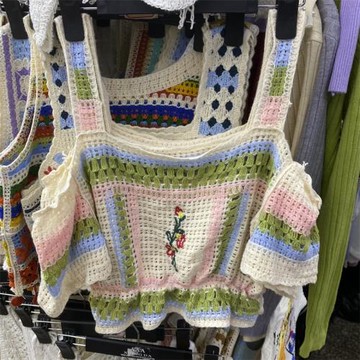 名族風鉤花鏤空方領泡泡袖針織衫女夏季修身顯瘦高腰短款條紋上衣