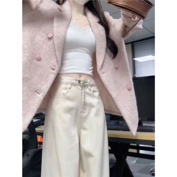 韓系小個子短款粉色西裝毛呢外套高級感超好看的大衣女款2026新款