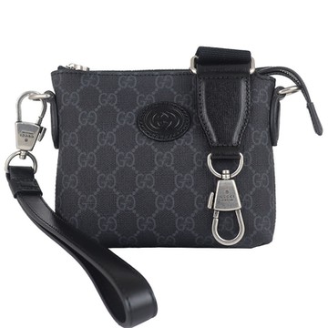 GUCCI 古馳  黑灰色雙G防水布皮邊拉鍊方形手拿/斜背包
