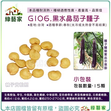 【綠藝家】G106.黑水晶茄子種子15顆(F1) 本品種耐濕熱，種植適應性廣，產量高、品質佳。 茄子種子