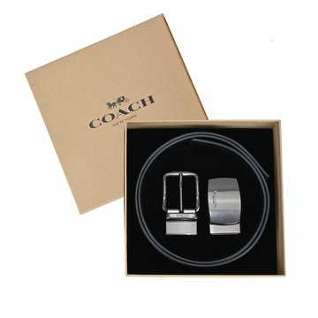 COACH 緹花LOGO/素面雙釦頭雙面用皮帶禮盒組（卡其/黑） _廠商直送