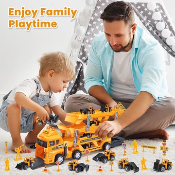CuteStone - 兒童聲光卡車三層工程運輸車套裝玩具21件組