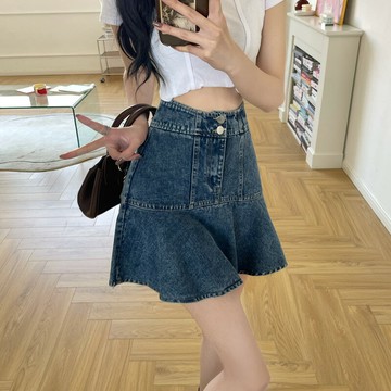 大碼牛仔a字半身裙女夏季新款高腰顯瘦包臀胖mm設計感荷葉邊短裙