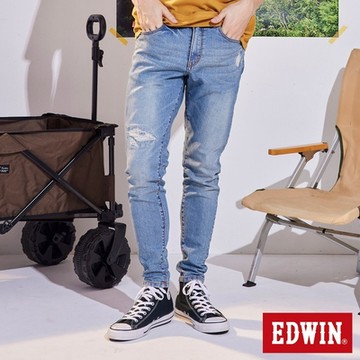 EDWIN 男裝 紅標 破壞窄管錐形牛仔褲-重漂藍