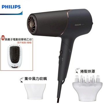 【PHILIPS 飛利浦】智能護髮礦物負離子吹風機 霧黑金 贈負離子電動按摩梳 BHD538/21