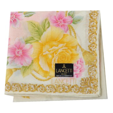 LANCETTI MILANO 日本製100%棉浮水印繽紛花朵圖騰字母LOGO帕領巾(粉白系/52CM)