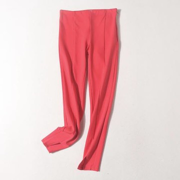 E49-3秋女裝外貿彈力高腰修身針織小腳褲開叉打底長褲紅色休閑褲