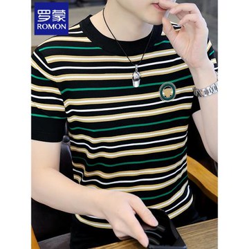 羅蒙男士針織冰絲短袖t恤夏季薄款潮牌潮流條紋上衣圓領體恤衣服