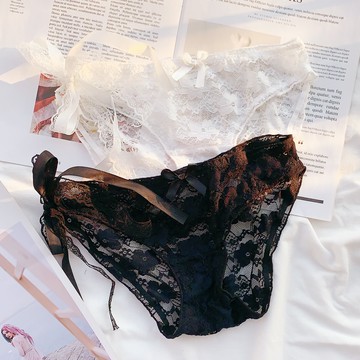 2條裝黑白全蕾絲側開性感綁帶日韓可愛低腰少女內褲