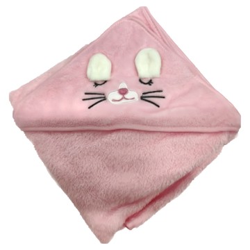 QiMart 可愛動物造型珊瑚絨寶寶斗蓬浴巾 C款  強勁吸水力，柔軟舒適  粉小喵  1件