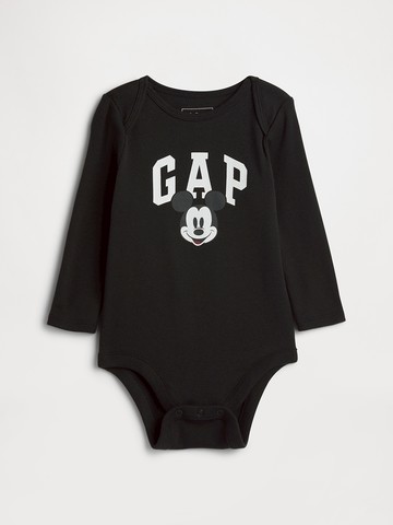 嬰兒裝 Gap x Disney迪士尼聯名 Logo印花圓領長袖包屁衣-黑色