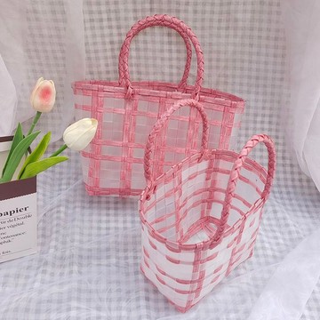 洗澡籃女手提包洗浴包透明沙灘野餐田園編織包手提包手工編織 收納包包 手提包包 小包 草編包 包包收納 海邊包 編織手提包
