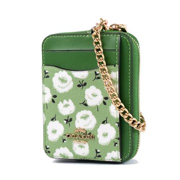 COACH 金字花卉防刮鍊帶證件零錢包-綠色