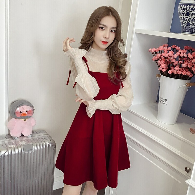 2点セット チュールシフォンブラウス キャミワンピ 袖フリル  