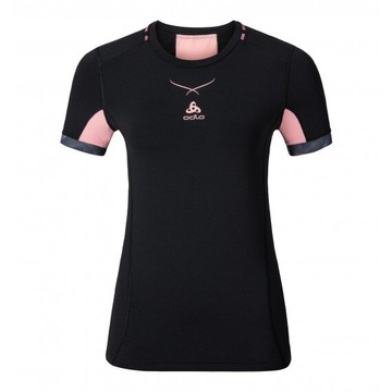├登山樂┤瑞士 ODLO 女瓷感衣短圓領PRO抗UV-黑/亮粉紅 # 16011160089