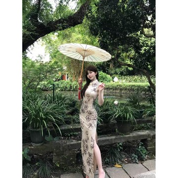 【桃喜Rich女裝】杏色旗袍 林澗雅韻夏季改良旗袍 遮肉顯瘦包臀裙 新中式修身連身裙 國風洋裝 宴會洋裝 高考送考旗袍