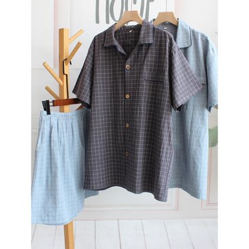 男士睡衣夏季純棉薄款短袖短褲水洗泡泡棉格子男家居服套裝小翻領