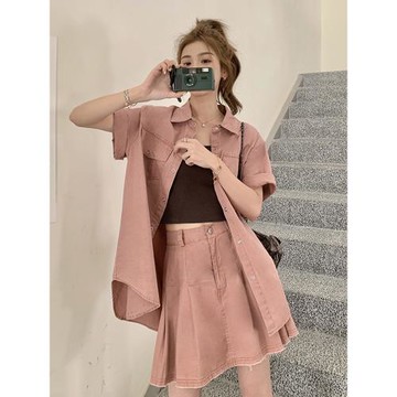 巨好看多巴胺粉色牛仔短裙套裝女夏2025超火減齡顯瘦半身裙一整套