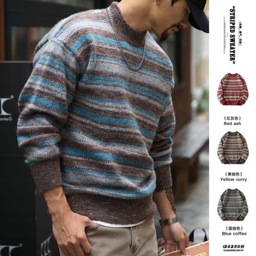 慵懶風撞色條紋圓領毛衣男2025冬季新款寬鬆復古加厚保暖針織衫潮