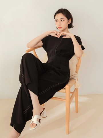 涼爽配色車線船領落肩連身長褲
