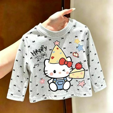 兒童長袖上衣 女童上衣 男童上衣 保暖上衣秋季女童印花Hellokitty滿印波點長袖T恤上衣中小童可愛T恤上衣潮童裝