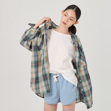 男友風格子寬鬆長版襯衫(橄欖綠)-女