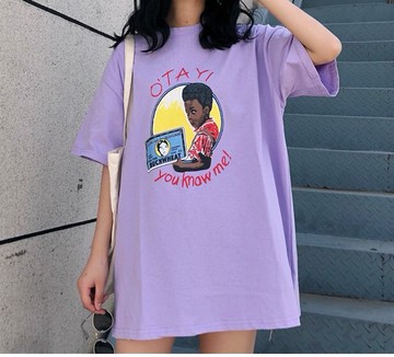 FINDSENSE H1 2018 韓國 原宿 清新紫色 人物印花   女短袖 T恤女 寬松 中長款 百搭女 上衣潮