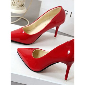2024春新款漆皮紅色婚鞋淺口黑色跟高跟單鞋細跟尖頭工作鞋