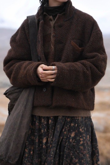 復古文青 寬鬆羊毛針織開衫外套